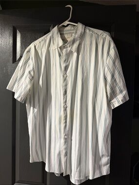 Calvin Klein White Short-Sleeve Button-Up with Teal Stripes
